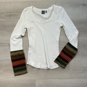 Saks Fifth Avenue Gray Waffle Knit Pure cotton V Neck Thermal Henley Med Beige